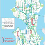 Map of planned bicycle master plan projects for 2021 through 2024 edited to highlight the 8 paused projects.