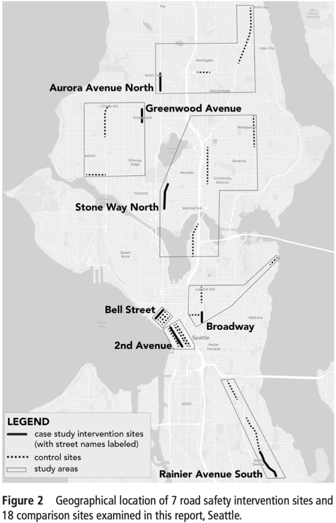 Map of Seattle showing the locations of the study and comparison streets.