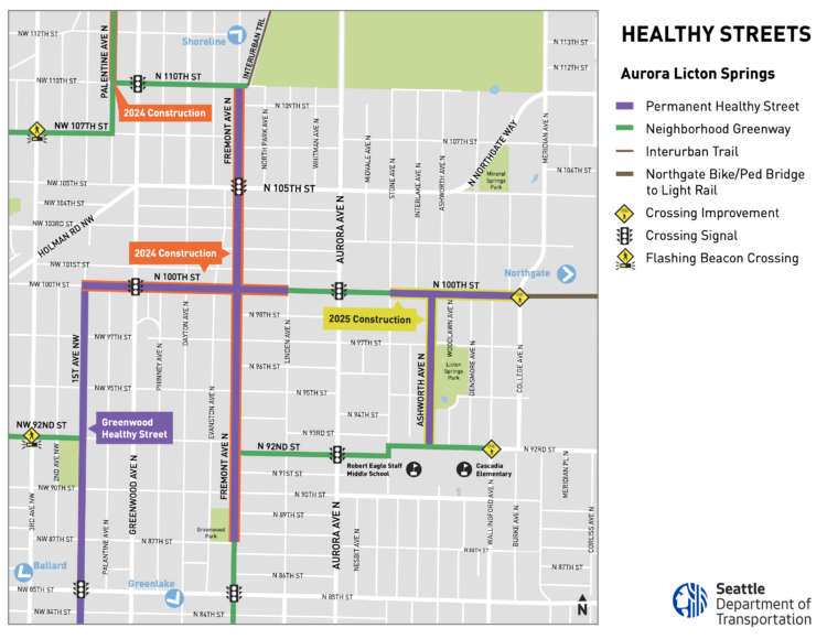 Map of the complete Aurora-Licton Springs Healthy Streets Project. The segments that will soon be completed are on N 100th Street from 1st Ave NW to Linden Ave N and Fremont Ave N from N 87th Street to the Interurban Trail at N 110th Street.